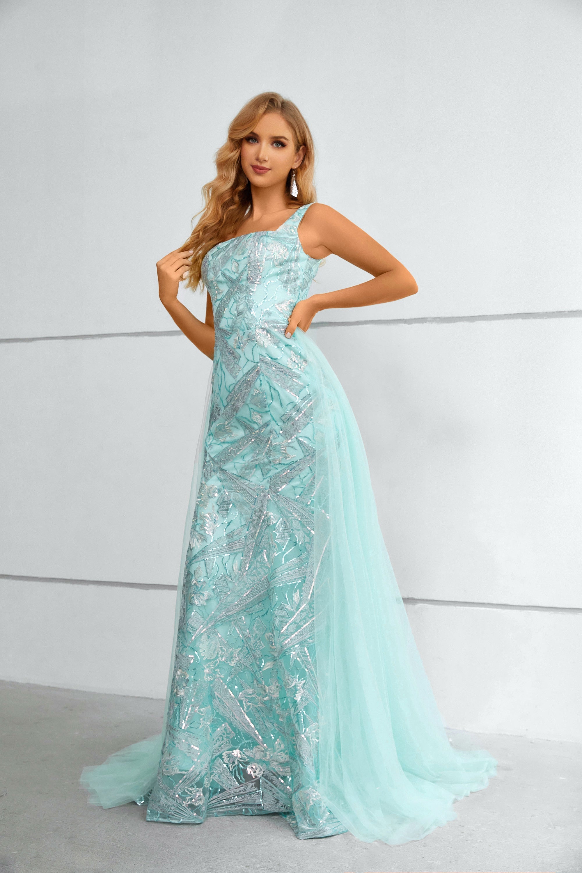 Aqua Blue Sequin Square Neck Mermaid Maxi Dress with Tulle Train