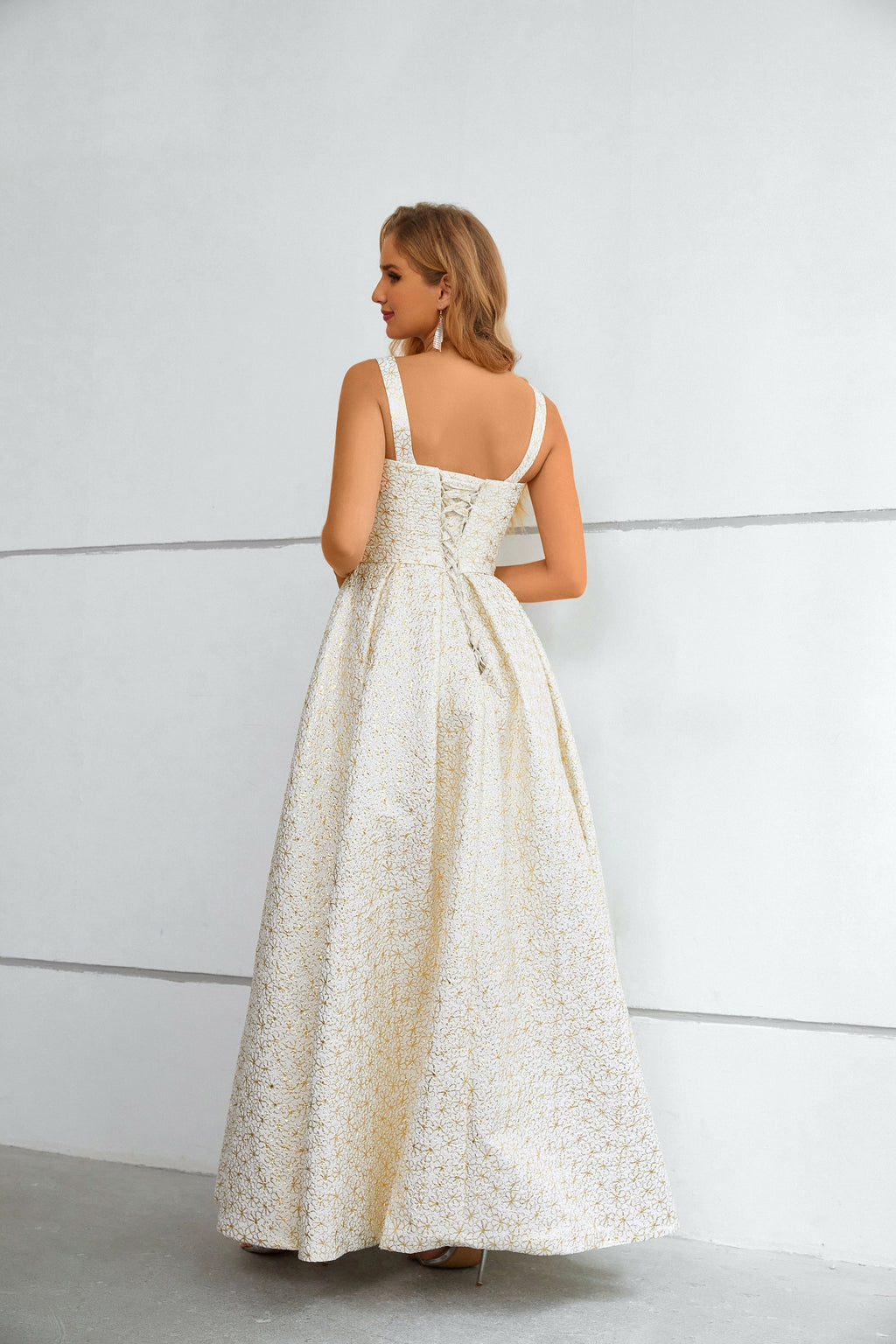 White & Gold Floral Textured Square Neck Maxi Dress with High Slit