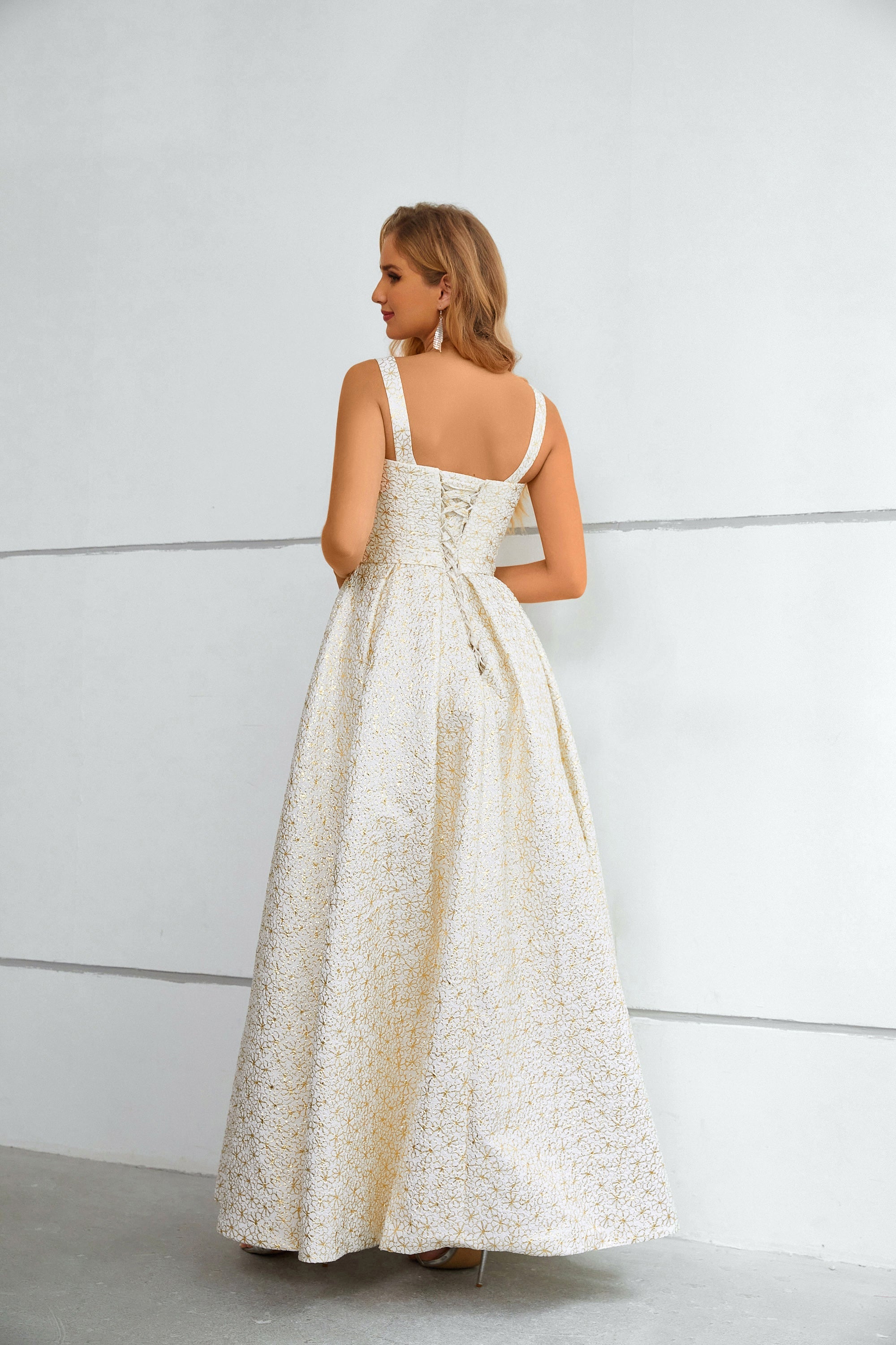 White & Gold Floral Textured Square Neck Maxi Dress with High Slit