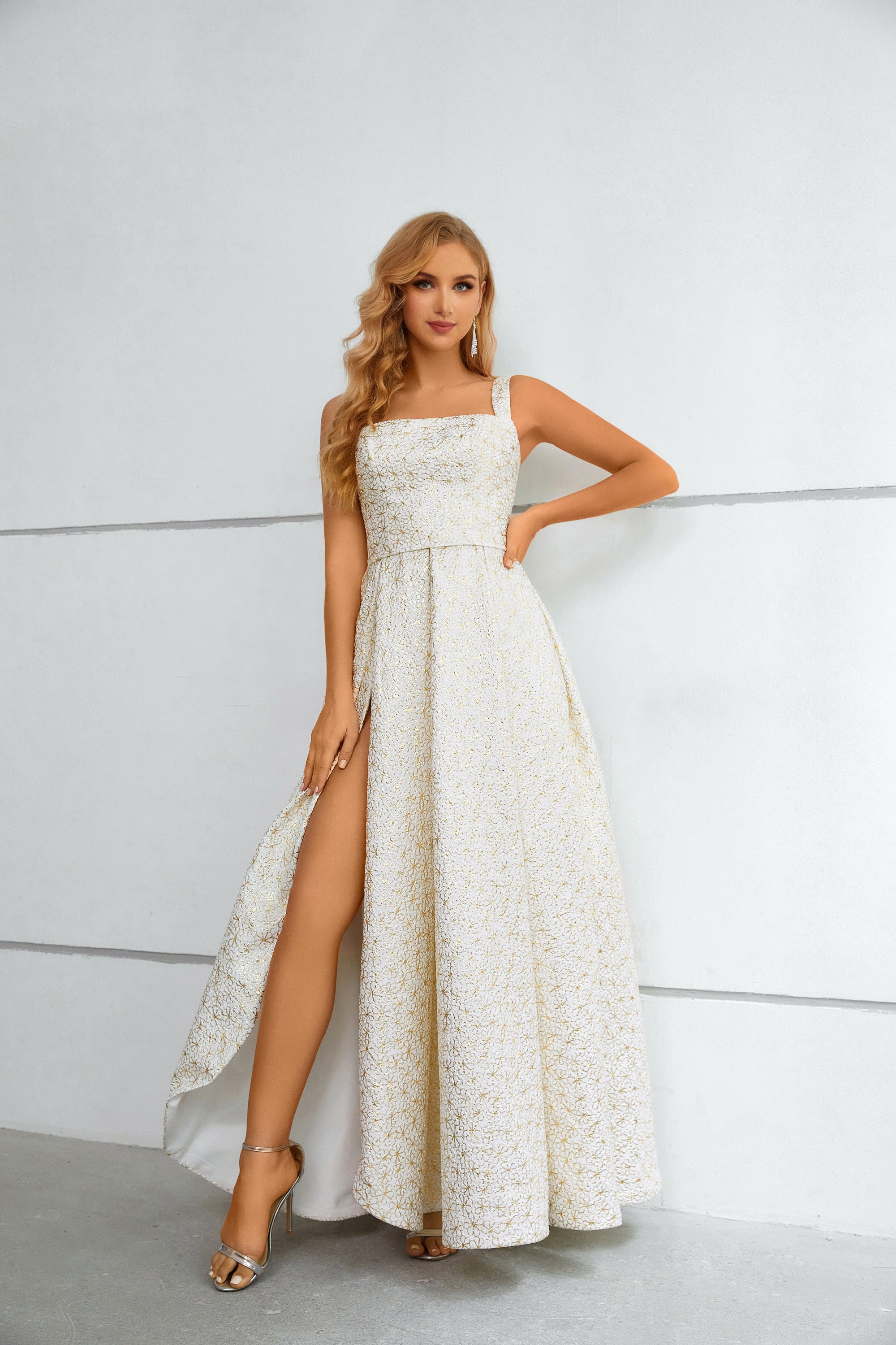 White & Gold Floral Textured Square Neck Maxi Dress with High Slit