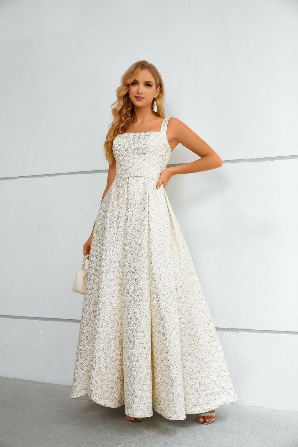 White & Gold Floral Textured Square Neck Maxi Dress with High Slit