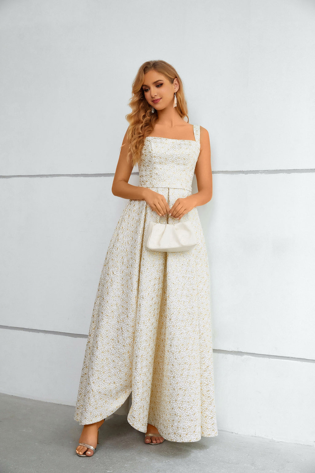 White & Gold Floral Textured Square Neck Maxi Dress with High Slit