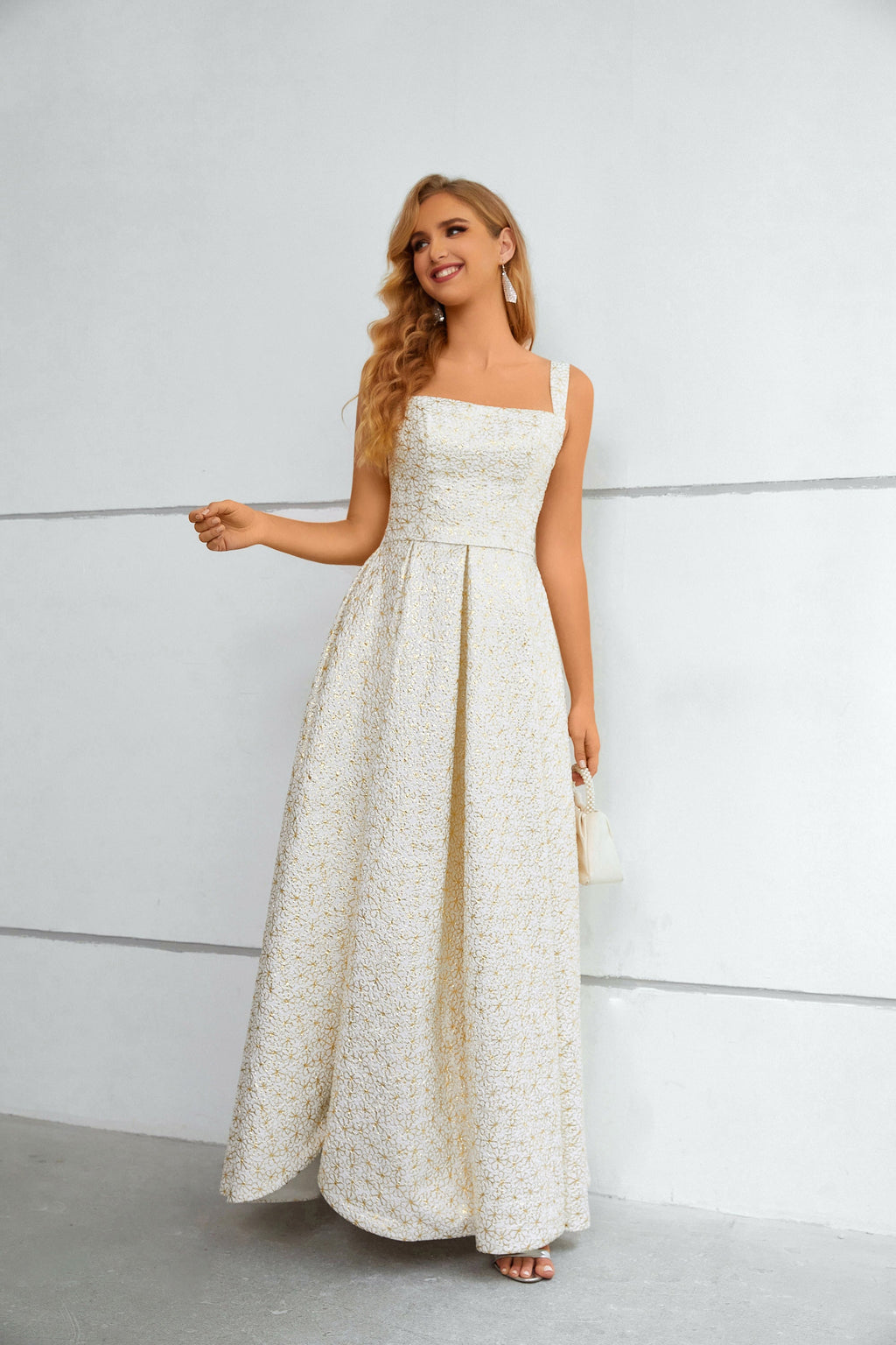 White & Gold Floral Textured Square Neck Maxi Dress with High Slit