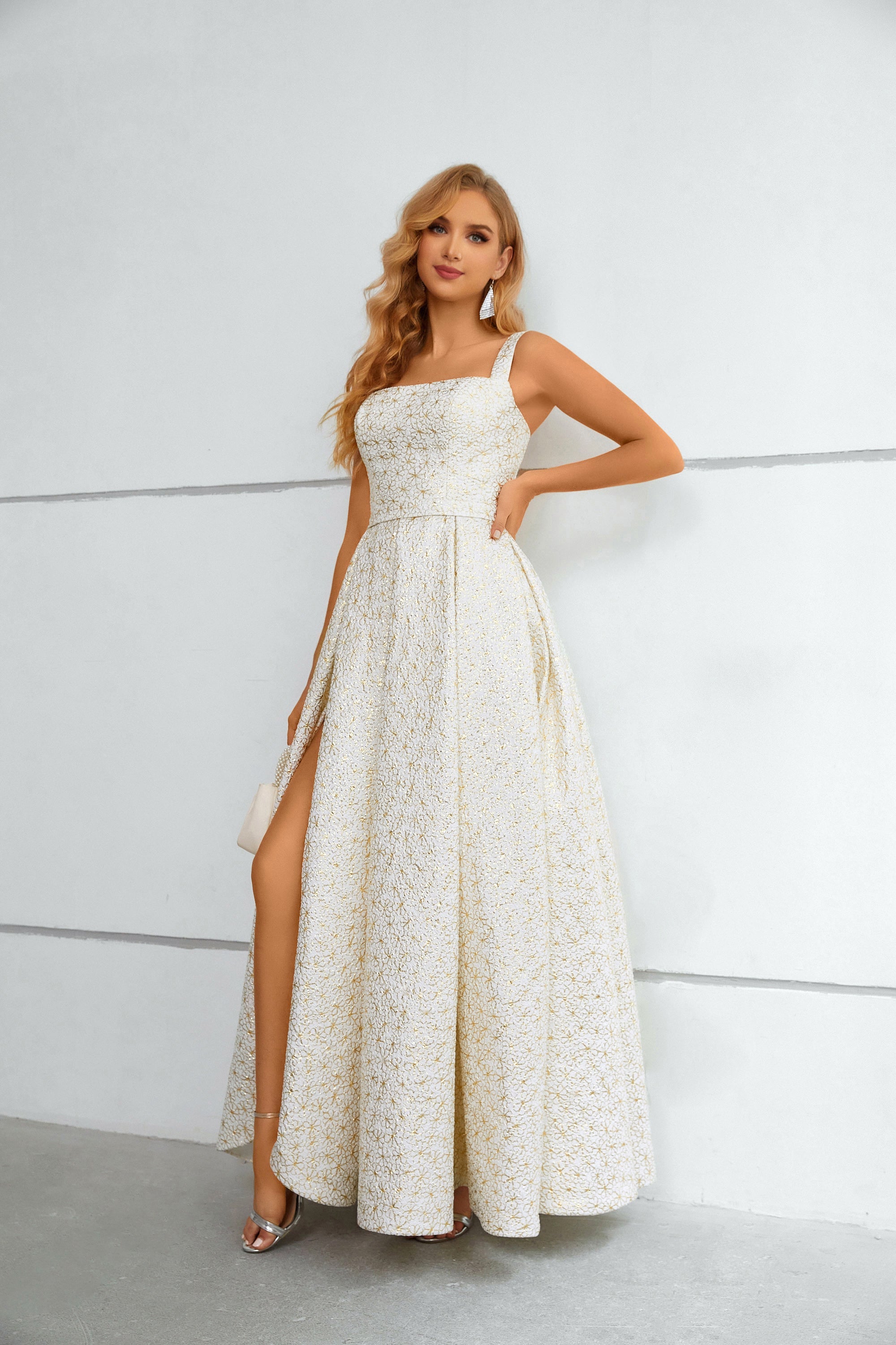 White & Gold Floral Textured Square Neck Maxi Dress with High Slit