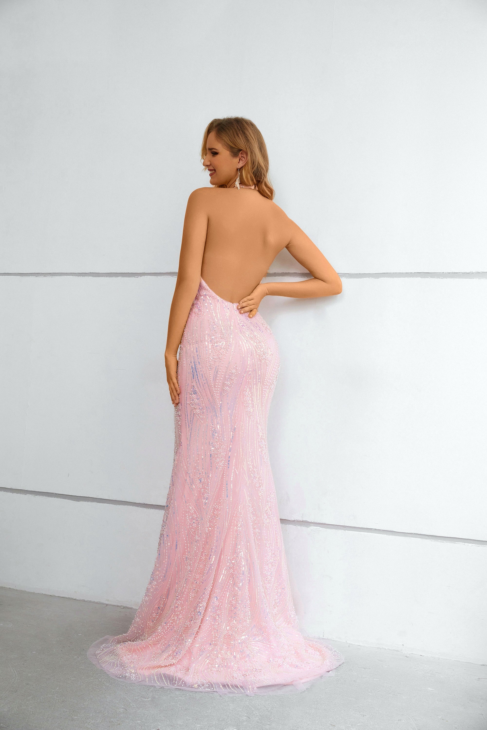 Pink Iridescent Sequin Halter Neck Mermaid Maxi Dress with Open Back & Train