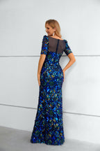 Royal Blue Multi-Sequin Illusion Neck Mermaid Maxi Dress with Elbow Sleeves