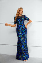 Royal Blue Multi-Sequin Illusion Neck Mermaid Maxi Dress with Elbow Sleeves