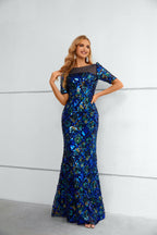 Royal Blue Multi-Sequin Illusion Neck Mermaid Maxi Dress with Elbow Sleeves