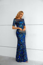 Royal Blue Multi-Sequin Illusion Neck Mermaid Maxi Dress with Elbow Sleeves