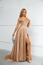 Champagne Textured Satin Cowl Neck Maxi Dress with High Slit & Tie Straps