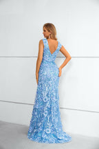 Blue 3D Floral Sequin V-Neck Mermaid Maxi Dress with Train