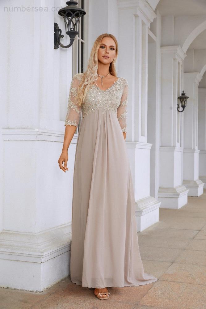 NumberSea Women Chiffon V Neck Long Half Sleeves  Mother of Bride Dress Wedding Wedding Party  28108