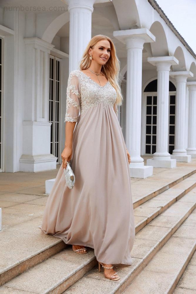 NumberSea Women Chiffon V Neck Long Half Sleeves  Mother of Bride Dress Wedding Wedding Party  28108