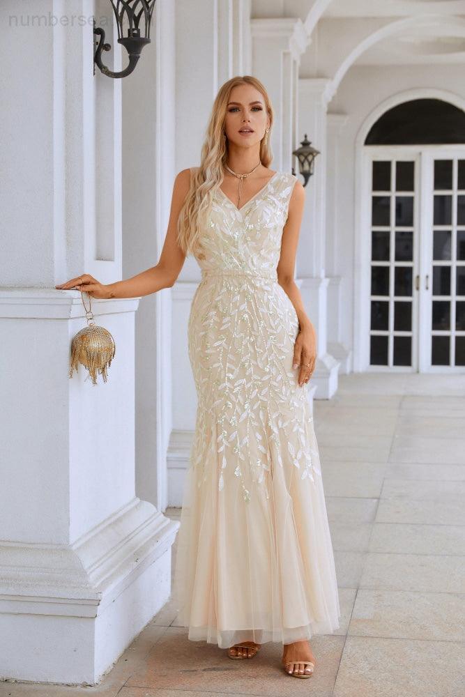 Ladies V Neck Embroidery Sleeveless Floor Length Mermaid Bridesmaid Evening Dress Wedding Party Prom Evening Dress 28110