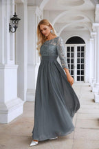 Ladies Round Neck Long Sleeve Lace Chiffon Bridesmaid Evening Dress Prom Wedding Evening Dress 28114