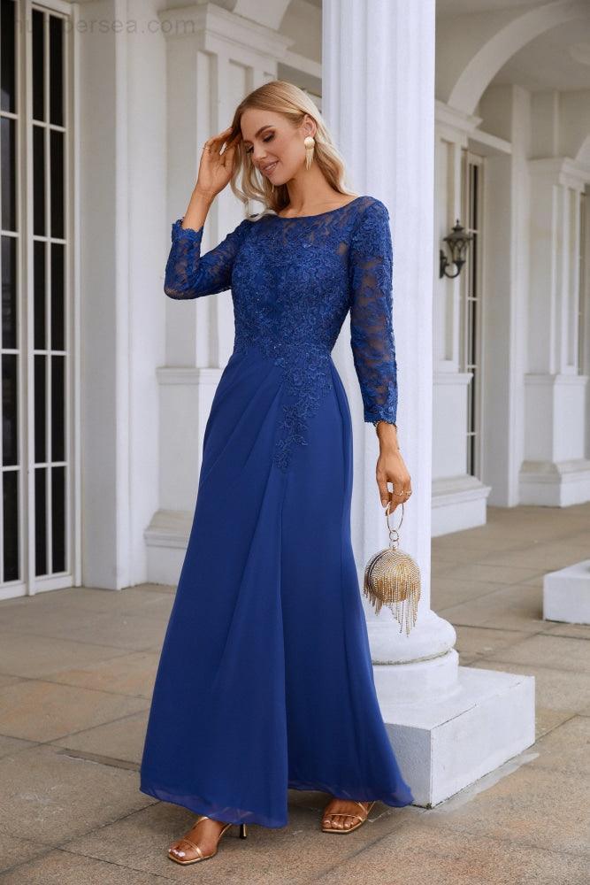 Women's Chiffon V Neck Embroidery Long Sleeve Front Slit Bridesmaid Dresses Wedding Party Prom Evening Dress 28130