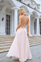 Ladies V Neck Front Slit Lace Spaghetti Strap Chiffon Bridesmaid Dress Party Wedding Evening Dress 28088
