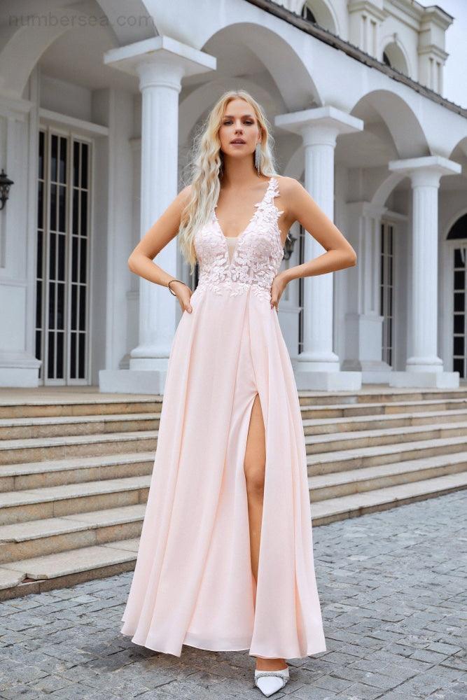 Ladies V Neck Front Slit Lace Spaghetti Strap Chiffon Bridesmaid Dress Party Wedding Evening Dress 28088