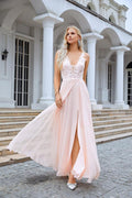 Ladies V Neck Front Slit Lace Spaghetti Strap Chiffon Bridesmaid Dress Party Wedding Evening Dress 28088