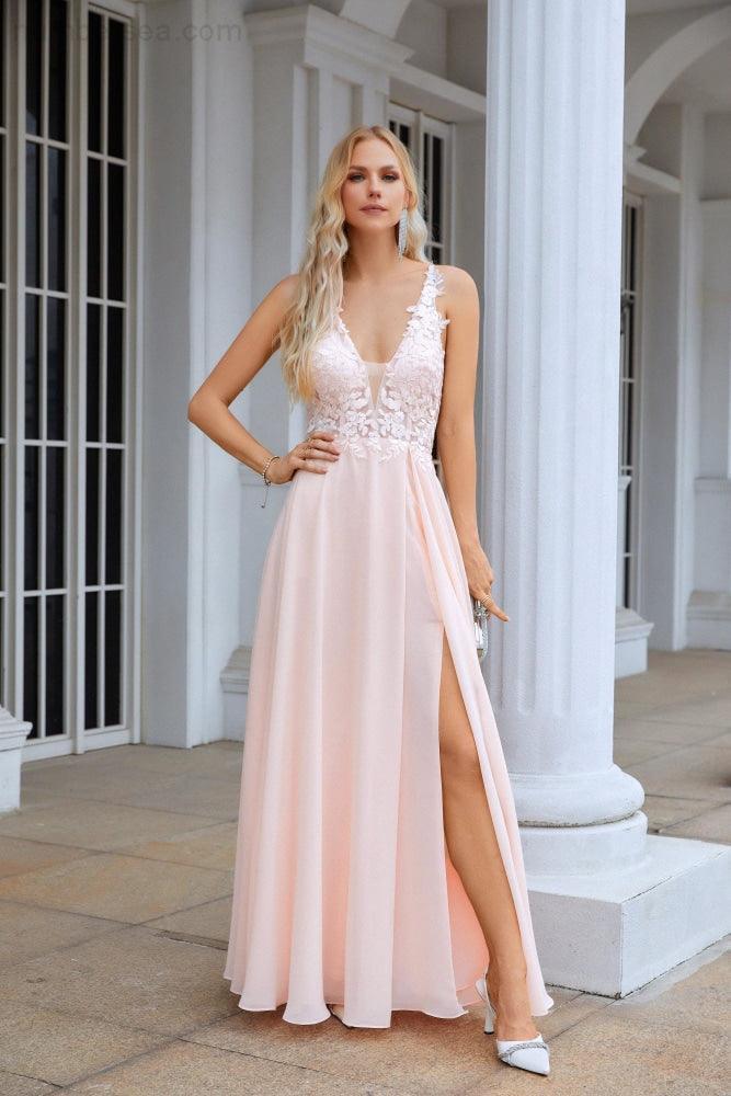 Ladies V Neck Front Slit Lace Spaghetti Strap Chiffon Bridesmaid Dress Party Wedding Evening Dress 28088