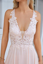 Ladies V Neck Front Slit Lace Spaghetti Strap Chiffon Bridesmaid Dress Party Wedding Evening Dress 28088