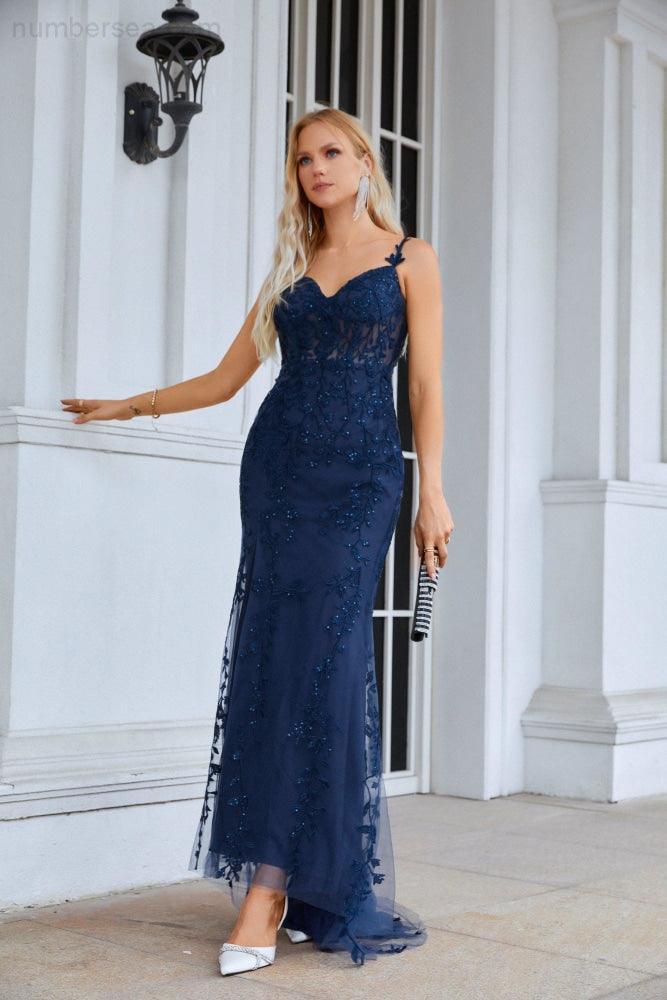 Ladies Spaghetti Strap Embroidery Front Slit Length Bridesmaid Evening Dress Party Wedding Beach Dress 28092