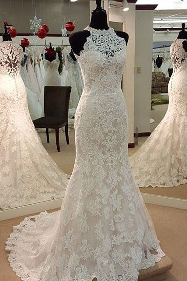 Jewel Neck  Mermaid Lace Applique Sleeveless Wedding Dresses