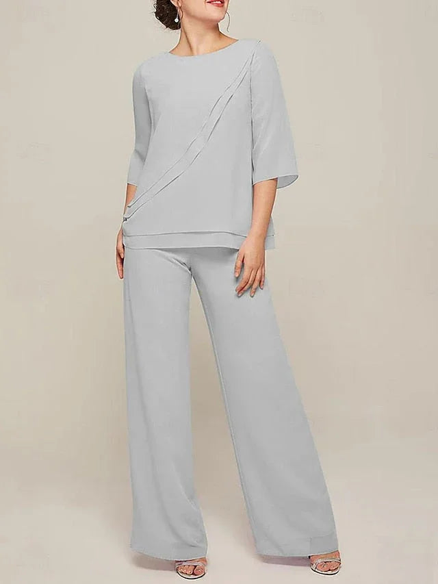 Jumpsuits Scoop Half Sleeves Chiffon Mother Of The Bride Pantsuits with Ruffles