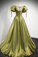 Green v neck tulle long prom dress A line evening dress Y898