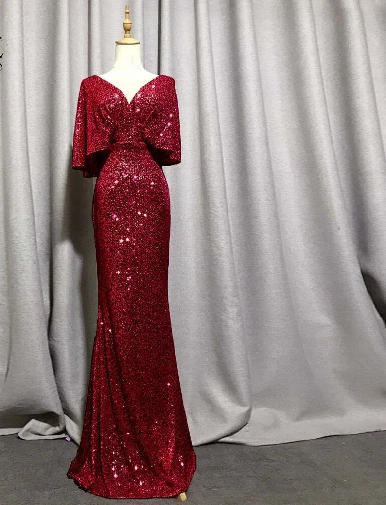 Mermaid Short Sleeves Sexy V Neck Evening Dress, Elegant Glitter Bat Sleeves Formal Party Dress Y1390