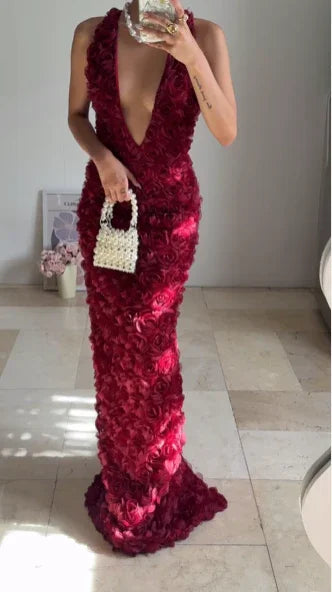 Gorgeous Deep V Burgundy Rose Flowers Sheath Long Prom Dress Evening Dress Y8504