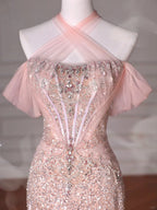 Classy Pink Halter Sequin Beaded Tulle Mermaid Evening Dress Long Prom Dress Y8620
