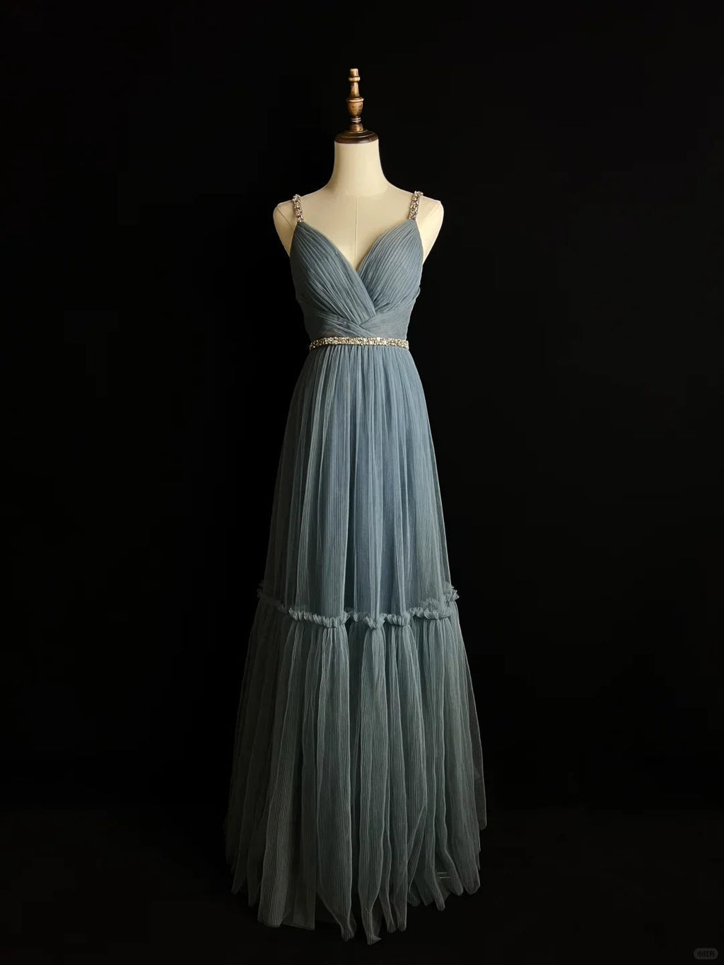 Simple Blue Tulle Beaded A Line Evening Dress Spaghetti Straps V Neck Prom Dress Y8649