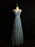 Simple Blue Tulle Beaded A Line Evening Dress Spaghetti Straps V Neck Prom Dress Y8649