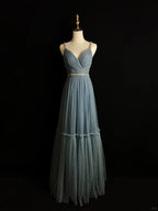Simple Blue Tulle Beaded A Line Evening Dress Spaghetti Straps V Neck Prom Dress Y8649