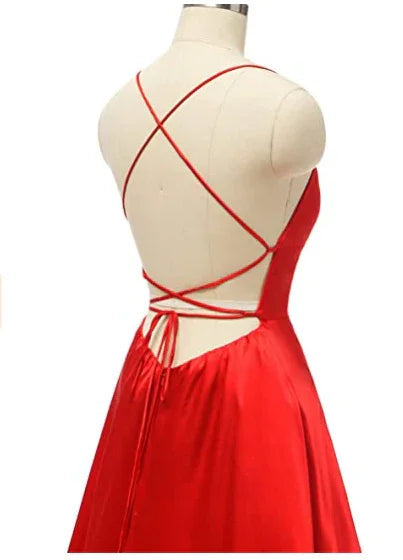Red Satin Long Prom Gown Front Slit Evening Dresses Floor Length Prom Dresses S26169