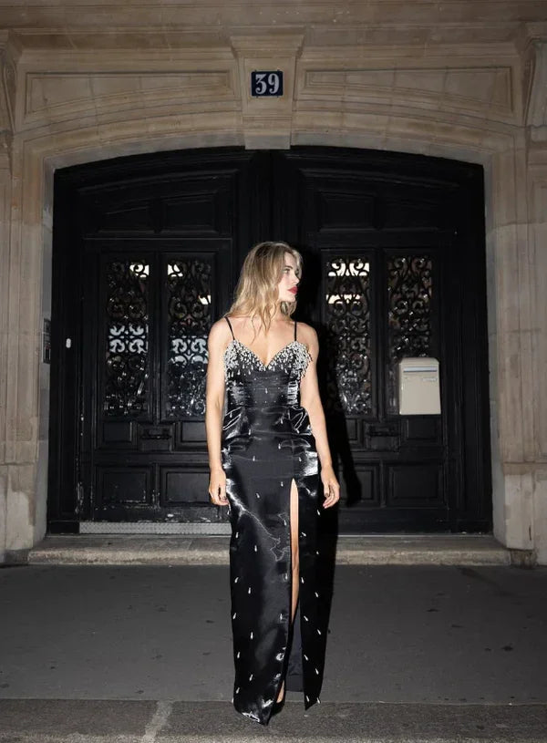 Charming Black Satin Beaded Slit Prom Dress Spaghetti Straps Sheath Evening Gown Y8229