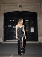 Charming Black Satin Beaded Slit Prom Dress Spaghetti Straps Sheath Evening Gown Y8229