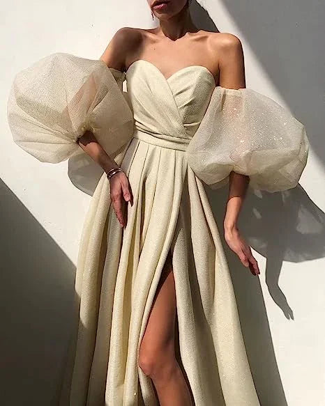 Women's Puffy Sleeve Prom Dresses with Slit Glitter Romantic Fairy Long Evening Gown ,Y2420