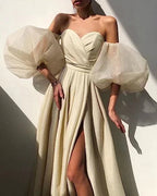 Women's Puffy Sleeve Prom Dresses with Slit Glitter Romantic Fairy Long Evening Gown ,Y2420