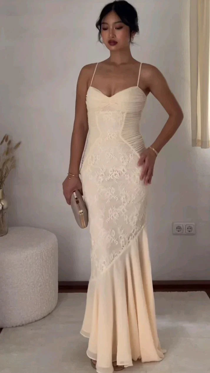 Sexy Chiffon Lace Evening Dress Spaghetti Straps Mermaid Party Prom Dress Y8077