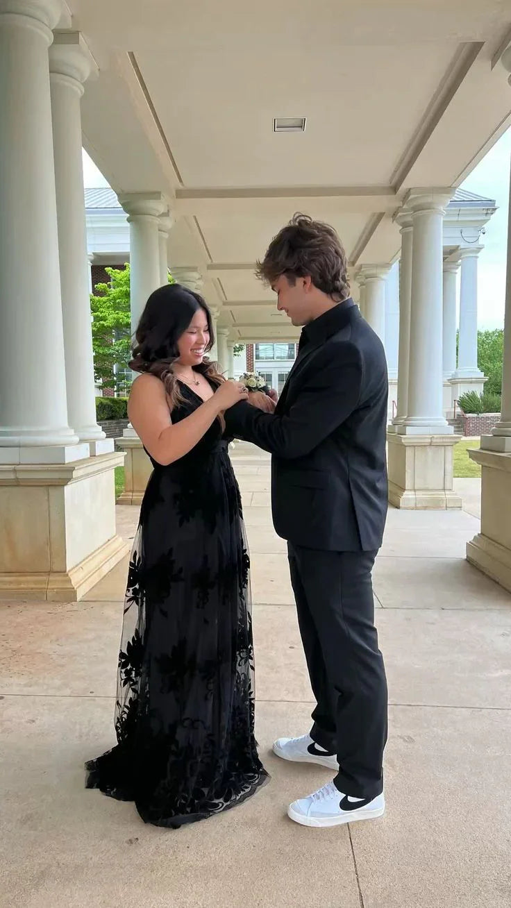 Black A-line V Neck Prom Dress Black Evening Gown Y6517