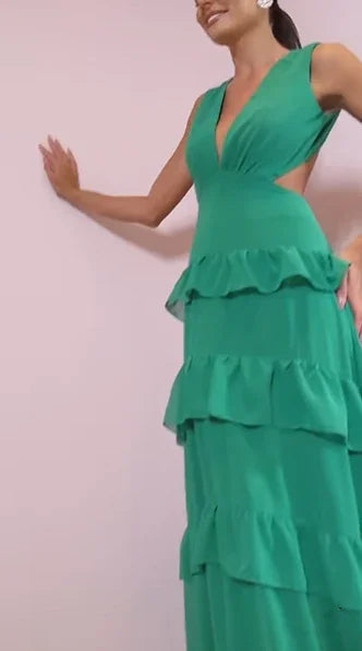 Emerald Green Deep V Neck Layered Ruffles Evening Dress Backless Long Prom Dress Y8386