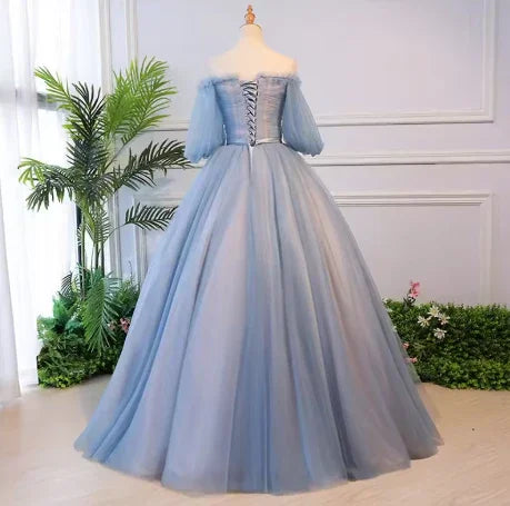 Unique blue tulle lace long prom dress blue evening dress S13770
