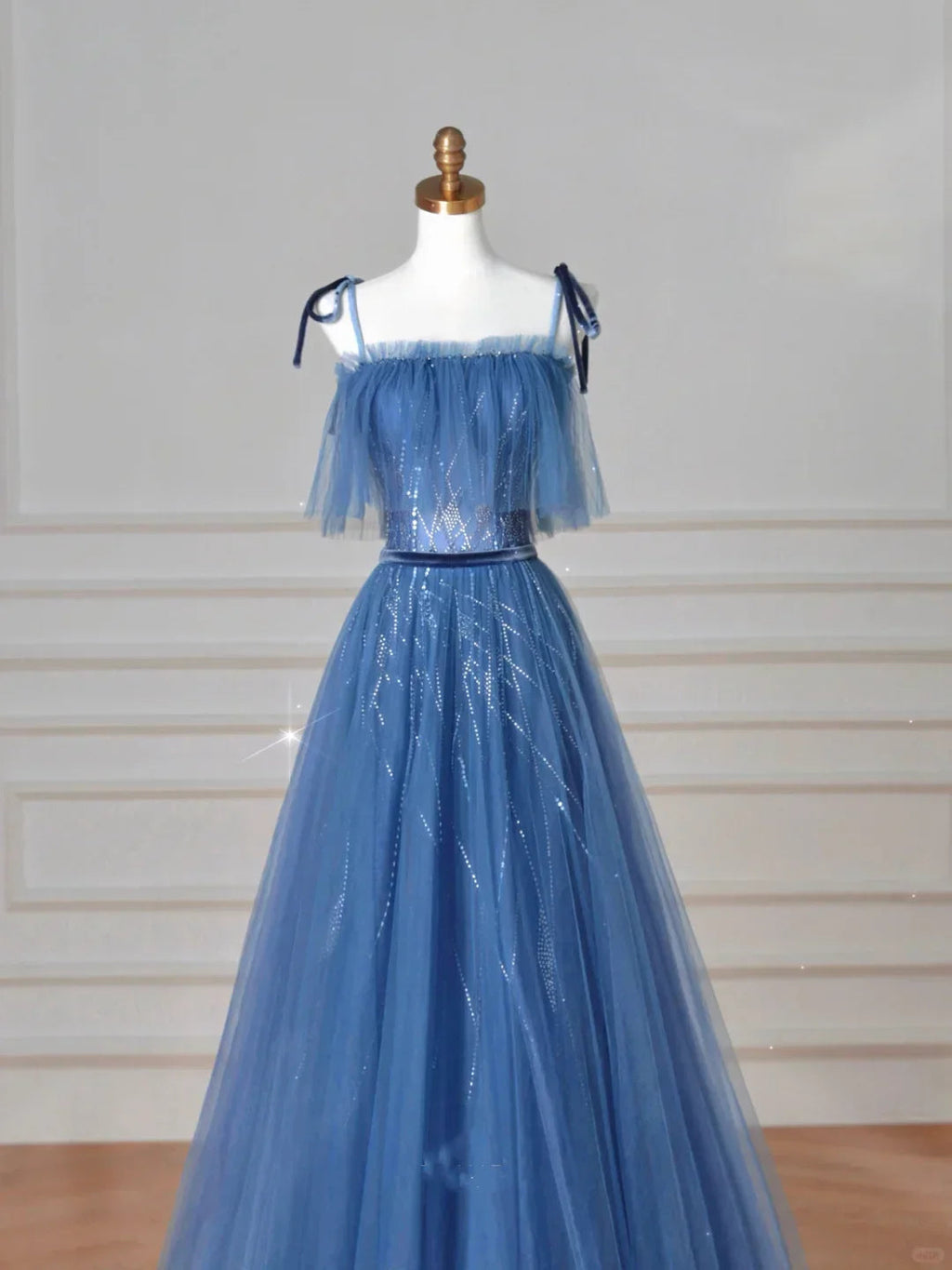 Pretty Blue Spaghetti Straps Tulle Sequins A Line Prom Dress Evening Dress Y8634