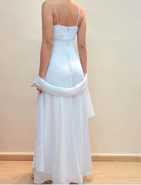 Elegant Pastel Blue Straps Chiffon Appliques Beaded Prom Evening Dress Y8142