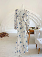 Elegant Ice Blue Rose Chiffon Print Floral Prom Dress Long Mermaid Evening Dress Y8407