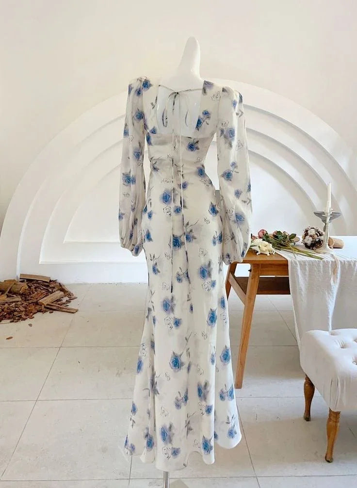Elegant Ice Blue Rose Chiffon Print Floral Prom Dress Long Mermaid Evening Dress Y8407