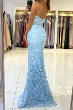 Mermaid V Neck Backless Blue Lace Long Prom Dress, Mermaid Blue Lace Formal Dress, Blue Lace Evening Dress Y333