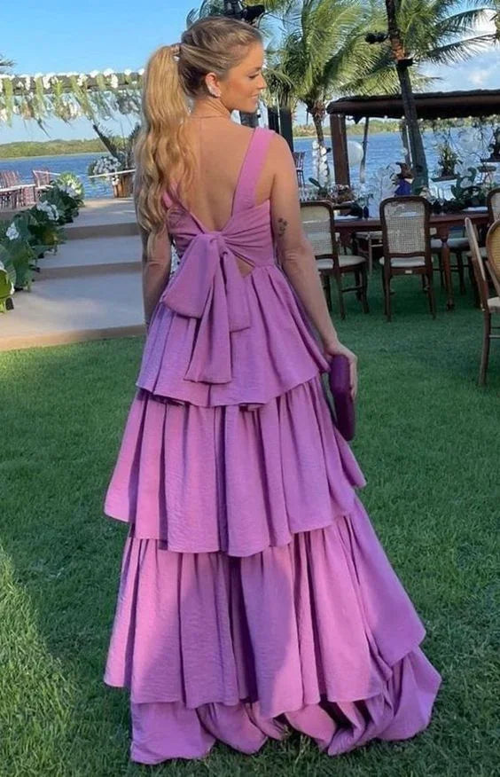 A Line Purple Prom Dresses,Tiered Stretch Satin Evening Dress Y4056